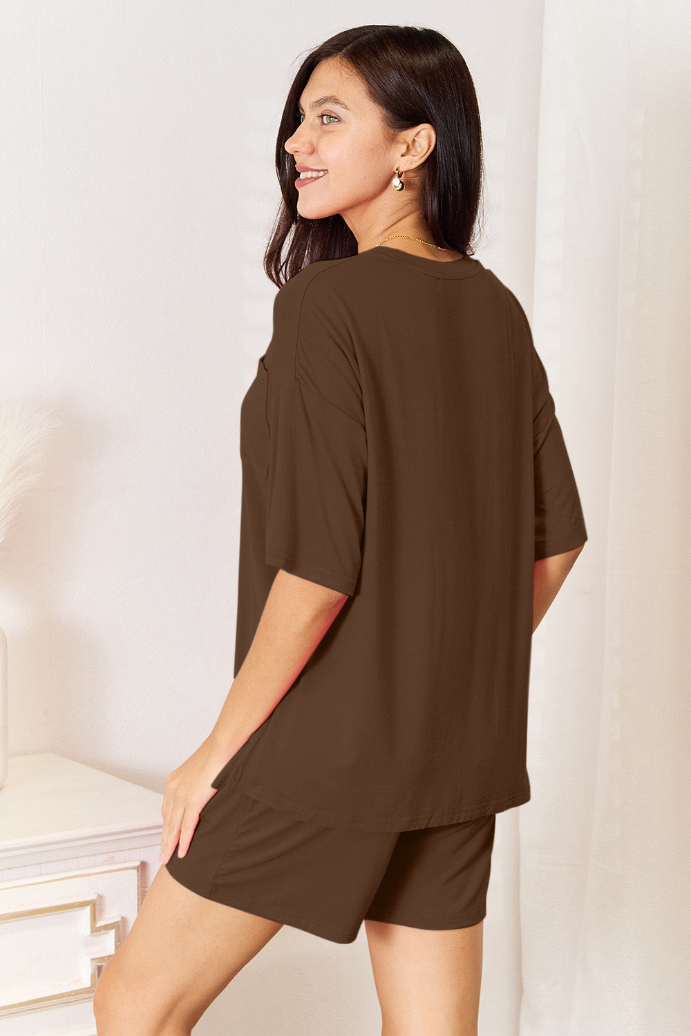 Chocolate brown rayon top and shorts set, back view, half sleeves and drawstring waist