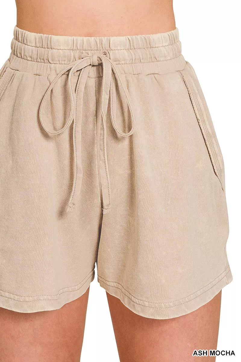 Ash mocha drawstring shorts, elastic waist, stitched side details