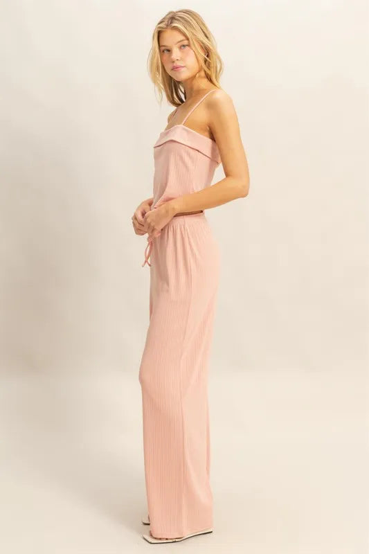 Peach rib-knit cami and wide-leg pants set, scoop neckline, side view