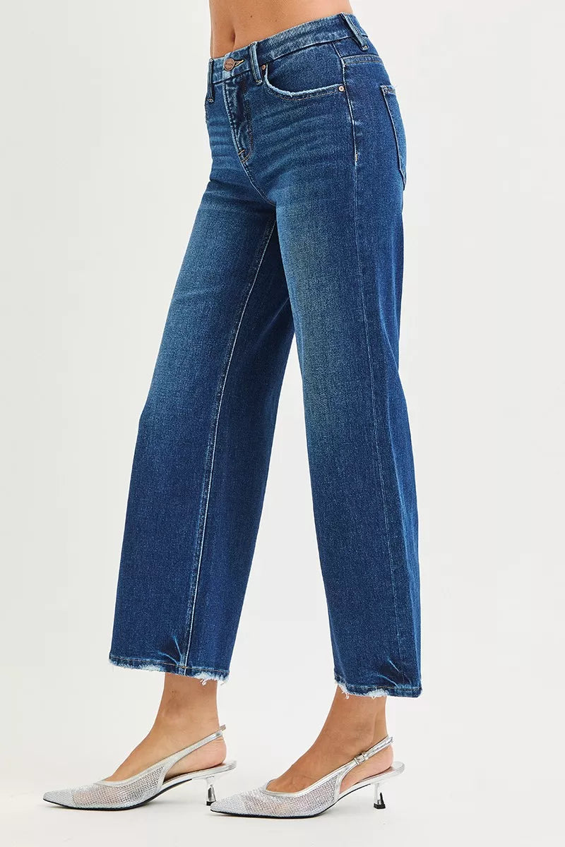 Dark wash high-rise wide-leg crop jeans, back/side view with minimal distressing