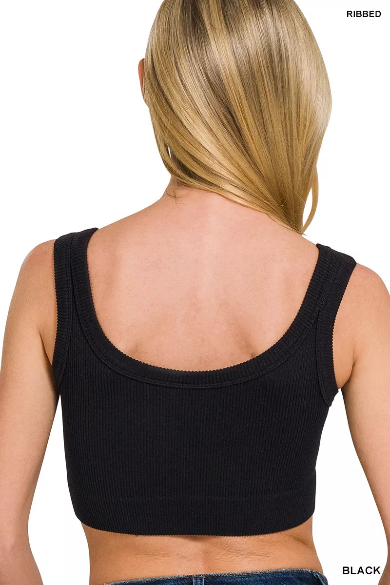 Black ribbed seamless cropped tank, scoop-back view, sleeveless