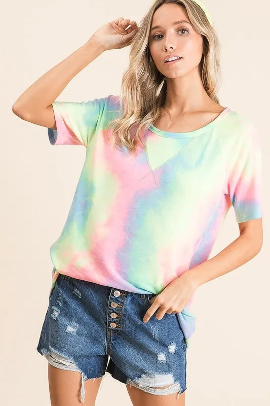 Pastel tie-dye French terry top, crew neck with fluttery short sleeves