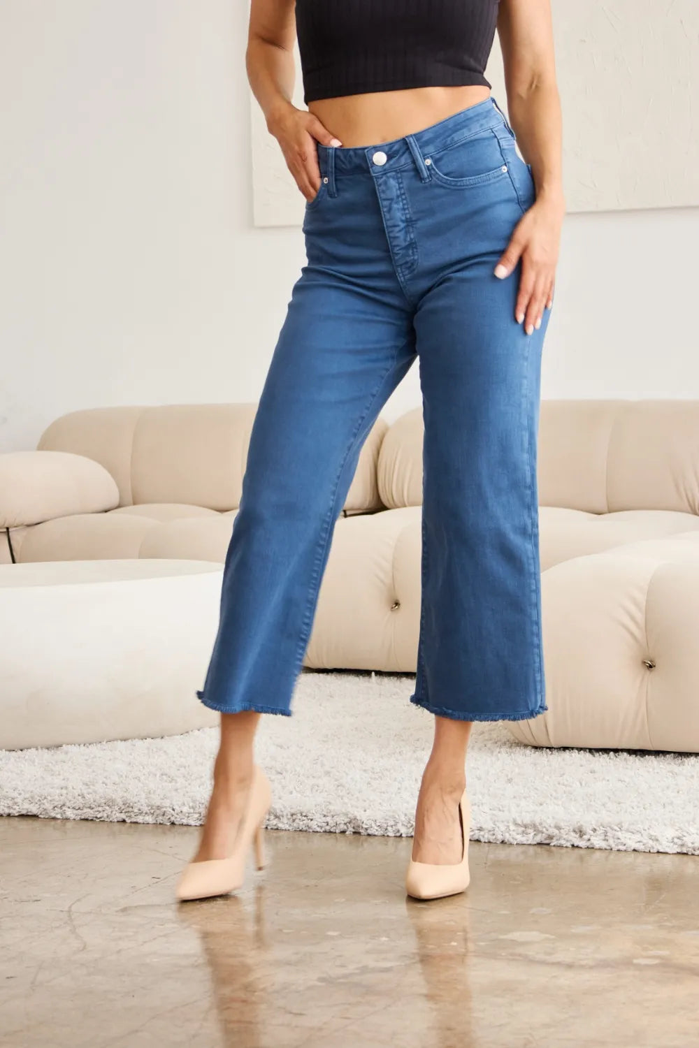 Blue Slate high-waist jeans with raw-cut hem and classic 5-pocket styling