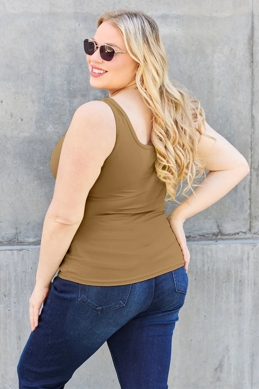 Basic Bae tank, camel with square neckline and wide straps, side profile