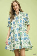 Blue floral babydoll dress with puff sleeves and buttoned keyhole neckline