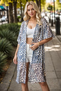 Leopard print open-front cardigan, taupe ground with short sleeves (plus size)