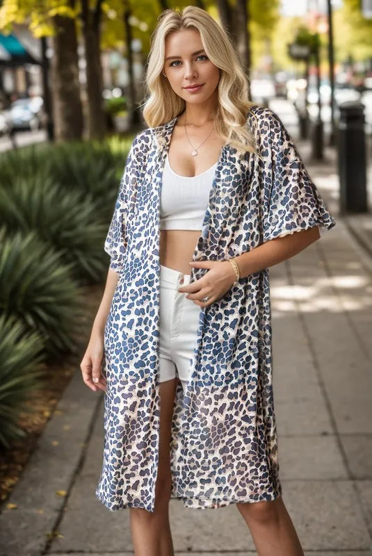 Leopard print open-front cardigan, taupe ground with short sleeves (plus size)