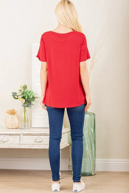 Rotes T-Shirt mit Rundhalsausschnitt, kurze Ärmel, Rückansicht einfarbig