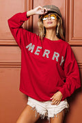 Red "MERRY" glitter drop-shoulder sweatshirt top, long sleeves