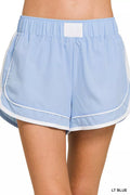 Soft woven lined dolphin shorts in LT BLUE, elastic waist, white contrast trim