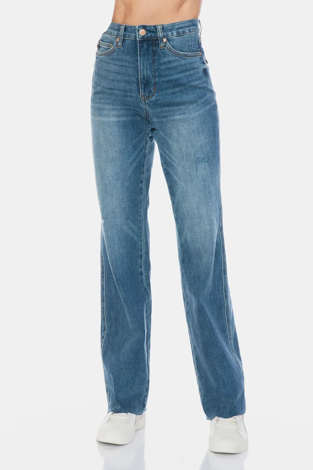 Straight Jeans vorne mit hoher Taille: Medium Wash und roher Saum