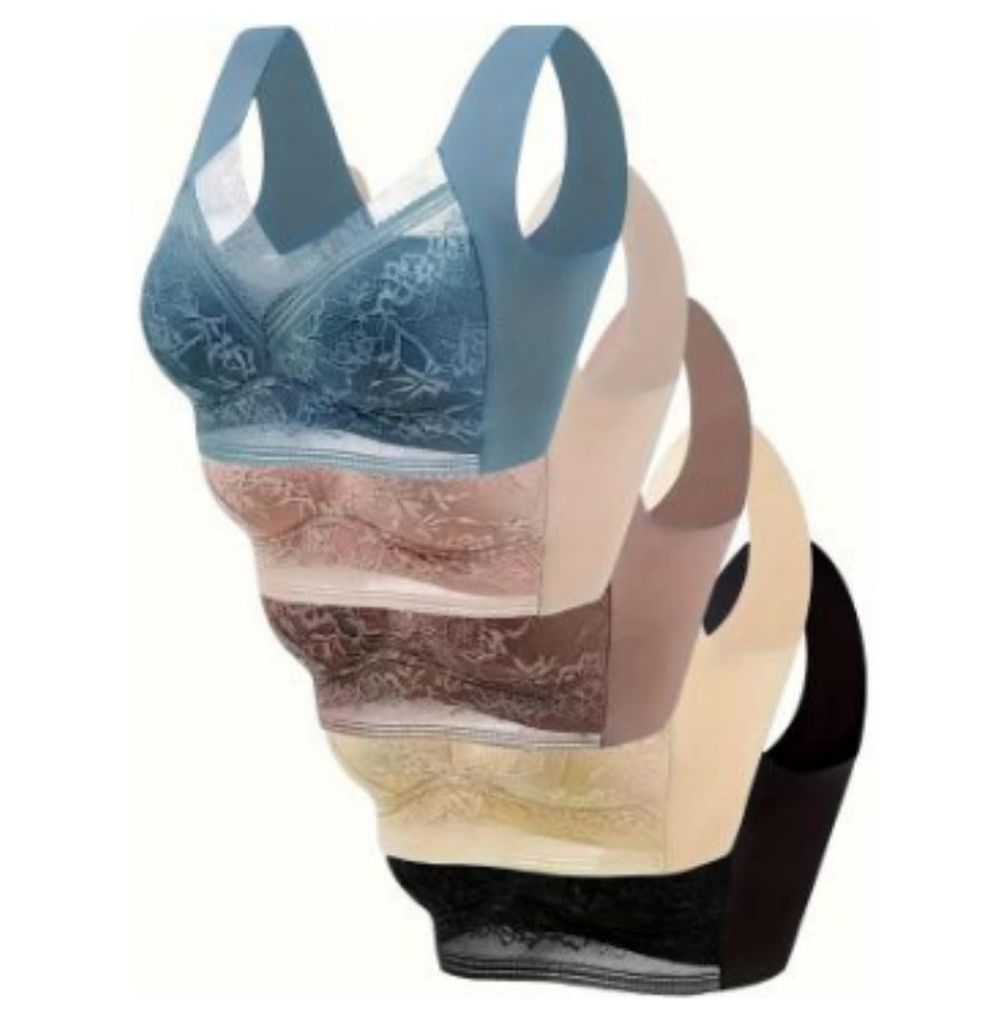 Assorted-color lace wireless push-up bras with floral lace cups and wide straps