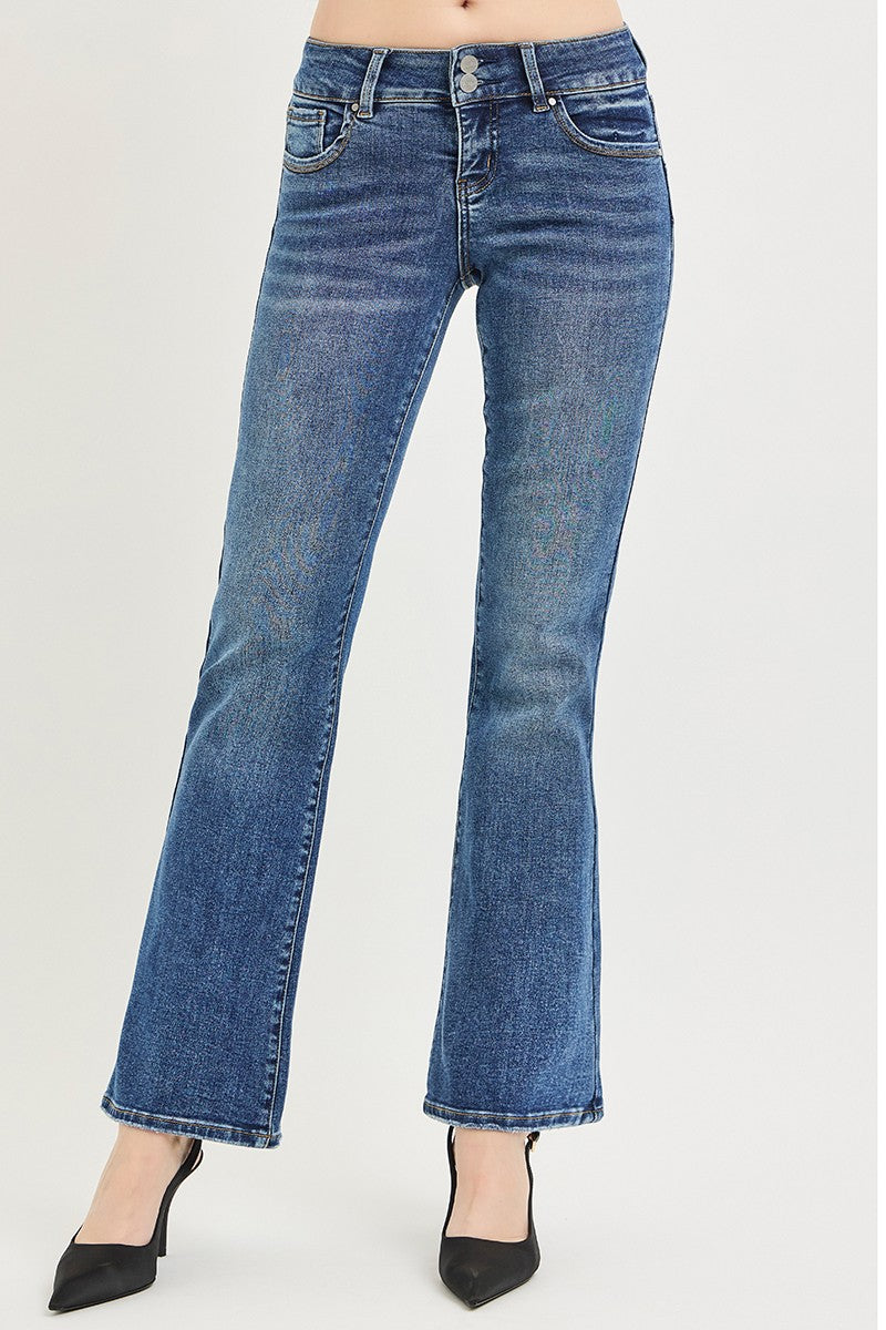 Medium wash bootcut jeans with five-button waistband detail and classic five-pocket design