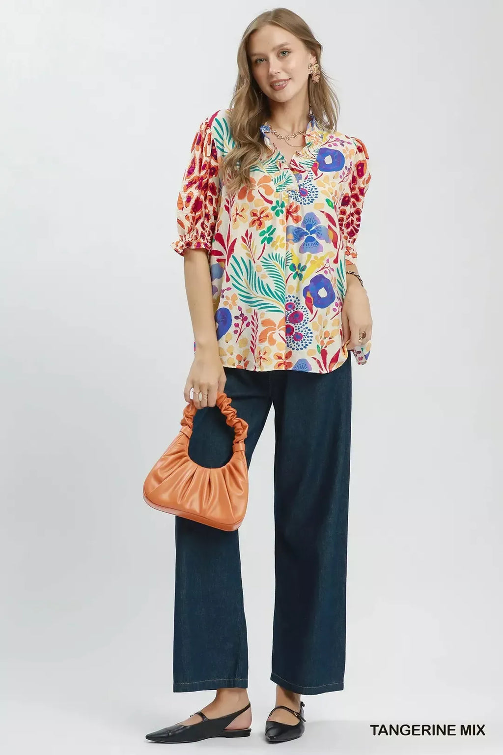 Printed V-neck ruffle puff sleeve top with multicolor floral and animal pattern