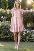 Dusty rose mini tiered dress with pompom lace waist trim and short sleeves