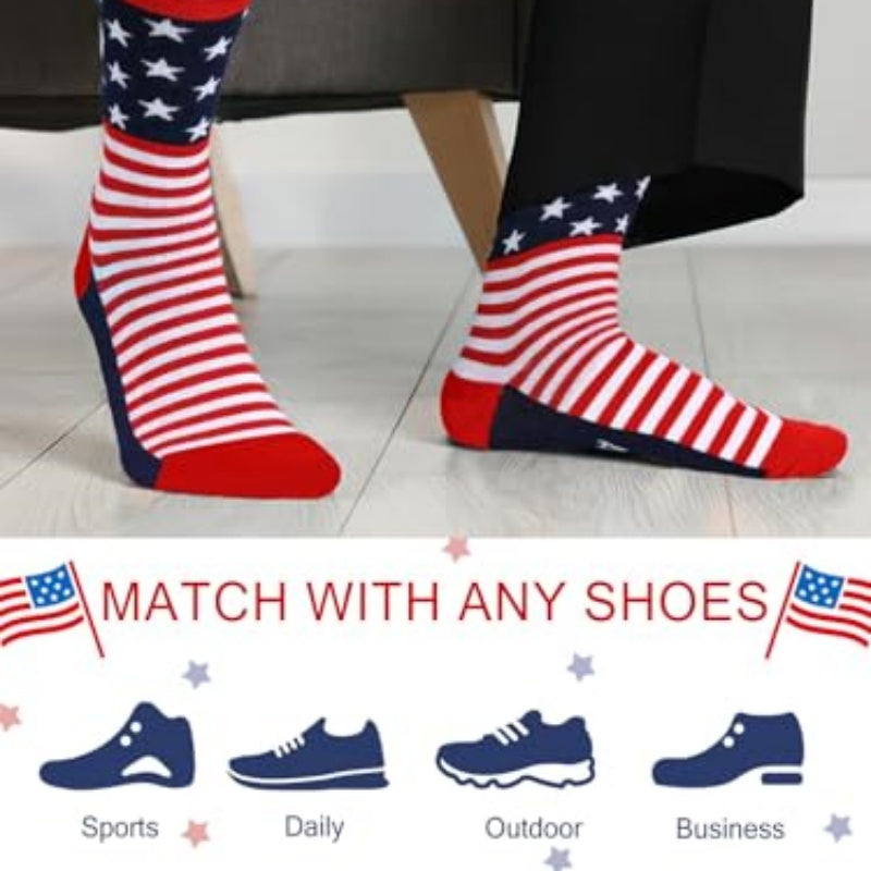 American flag crew socks with red stripes and blue star panel, red toes