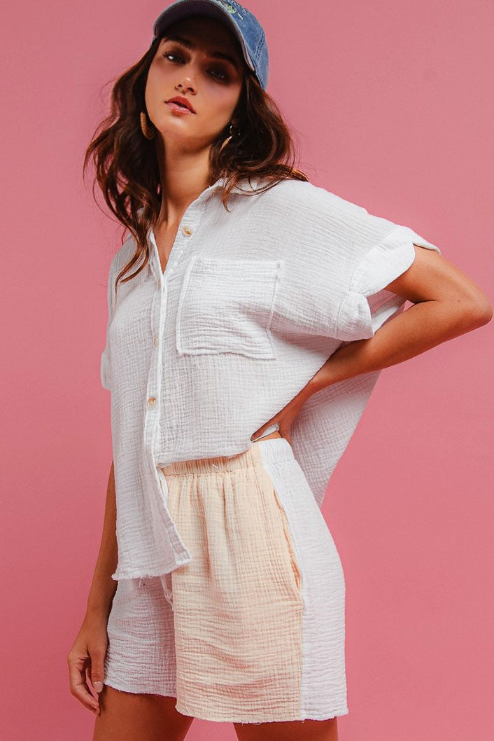 Cream gauze shirt and shorts set with button-front top and cuffed short sleeves