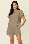 Taupe textured T-shirt & drawstring shorts set, short sleeves, knit fabric