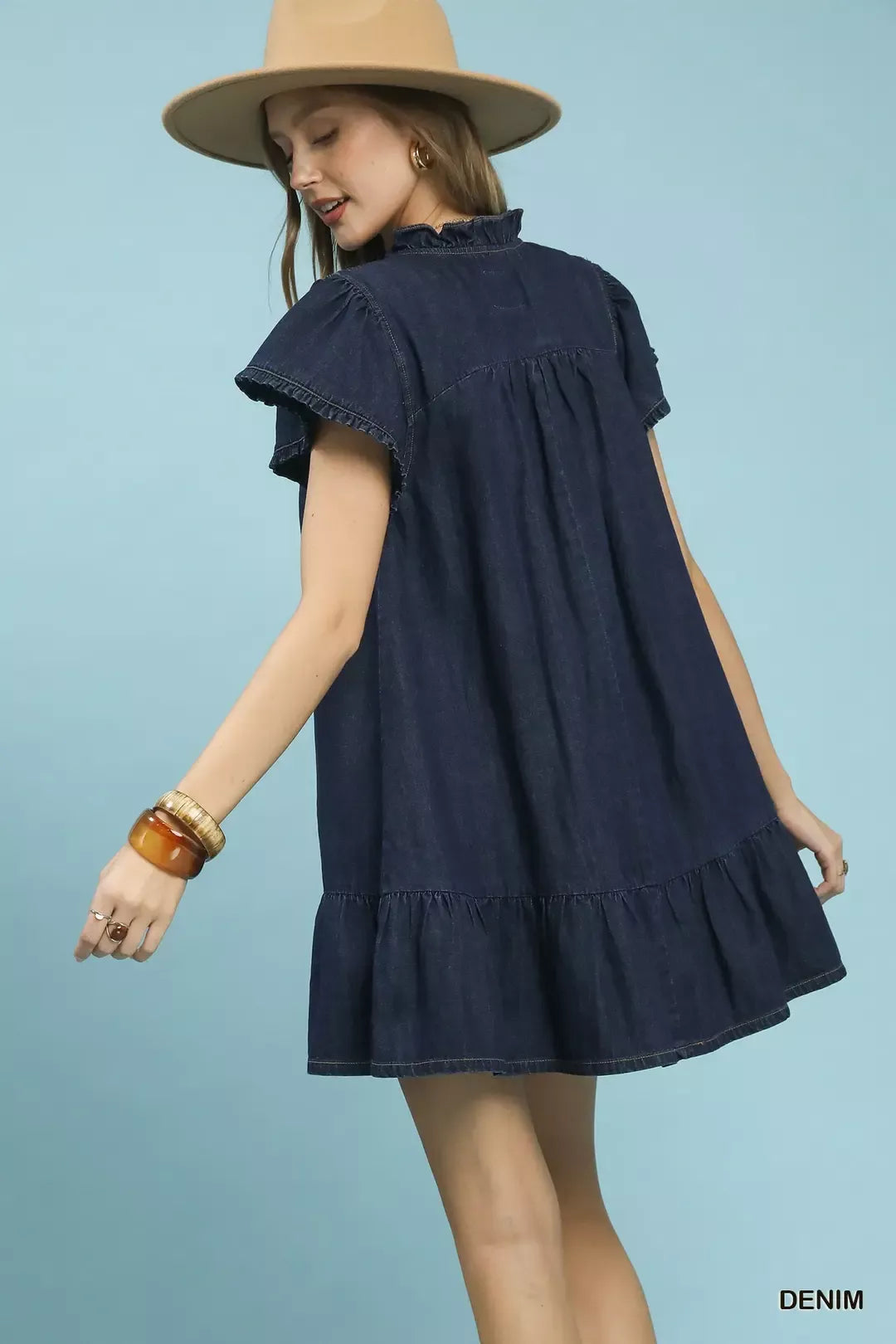 Umgee Rüschen-Denimkleid, kurzer Ärmel, gerüschter Saum, A-Linie (DENIM)