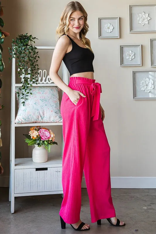 Watermelon wide-leg paperbag waist pants with front tie detail