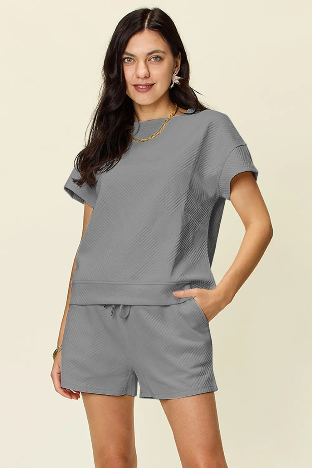 Light Gray short-sleeve T-shirt and drawstring shorts, matching set