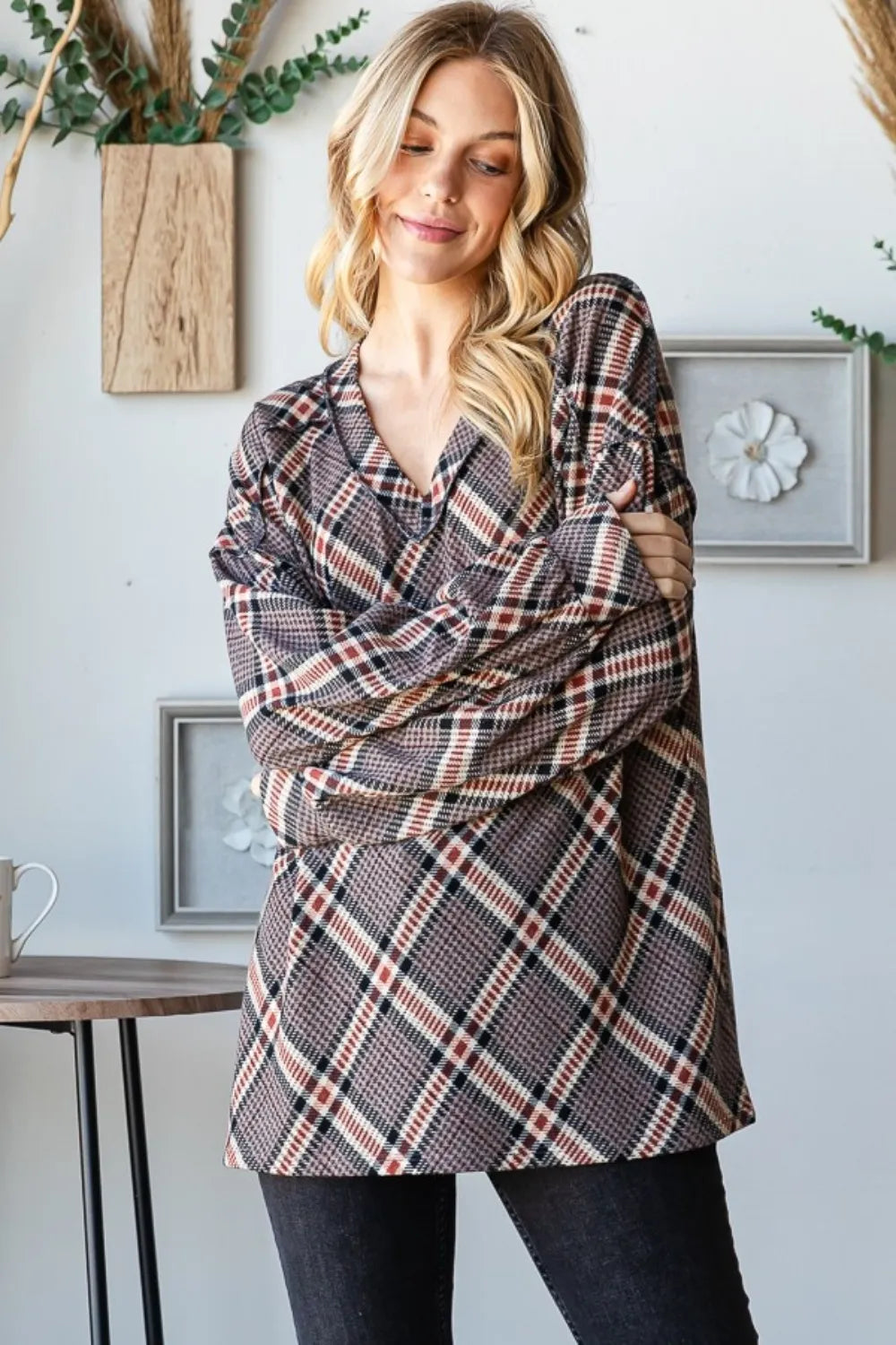 Plaid V-neck long-sleeve top with exposed seams, Mocha Multi (front close-up)
