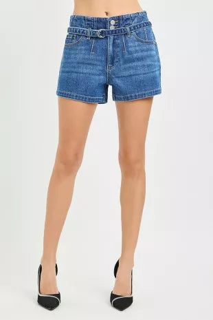 Dark-wash denim shorts with relaxed legs and belt loops