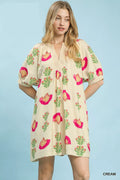 Cream mini dress with abstract bird and leaf print, V-neck