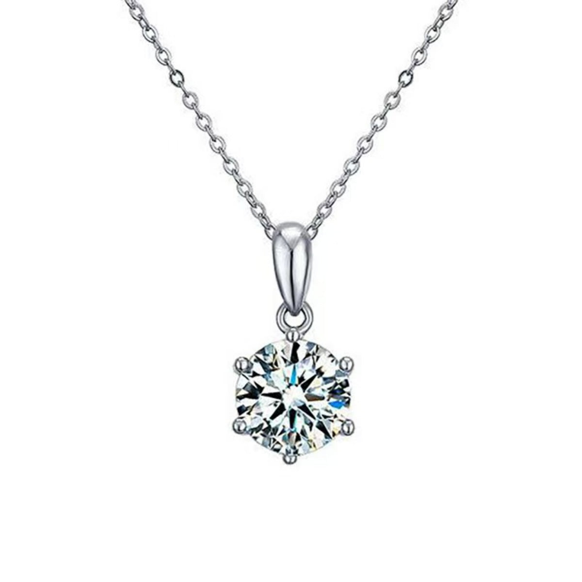 Isolated 925 sterling silver pendant necklace with round moissanite in prong setting