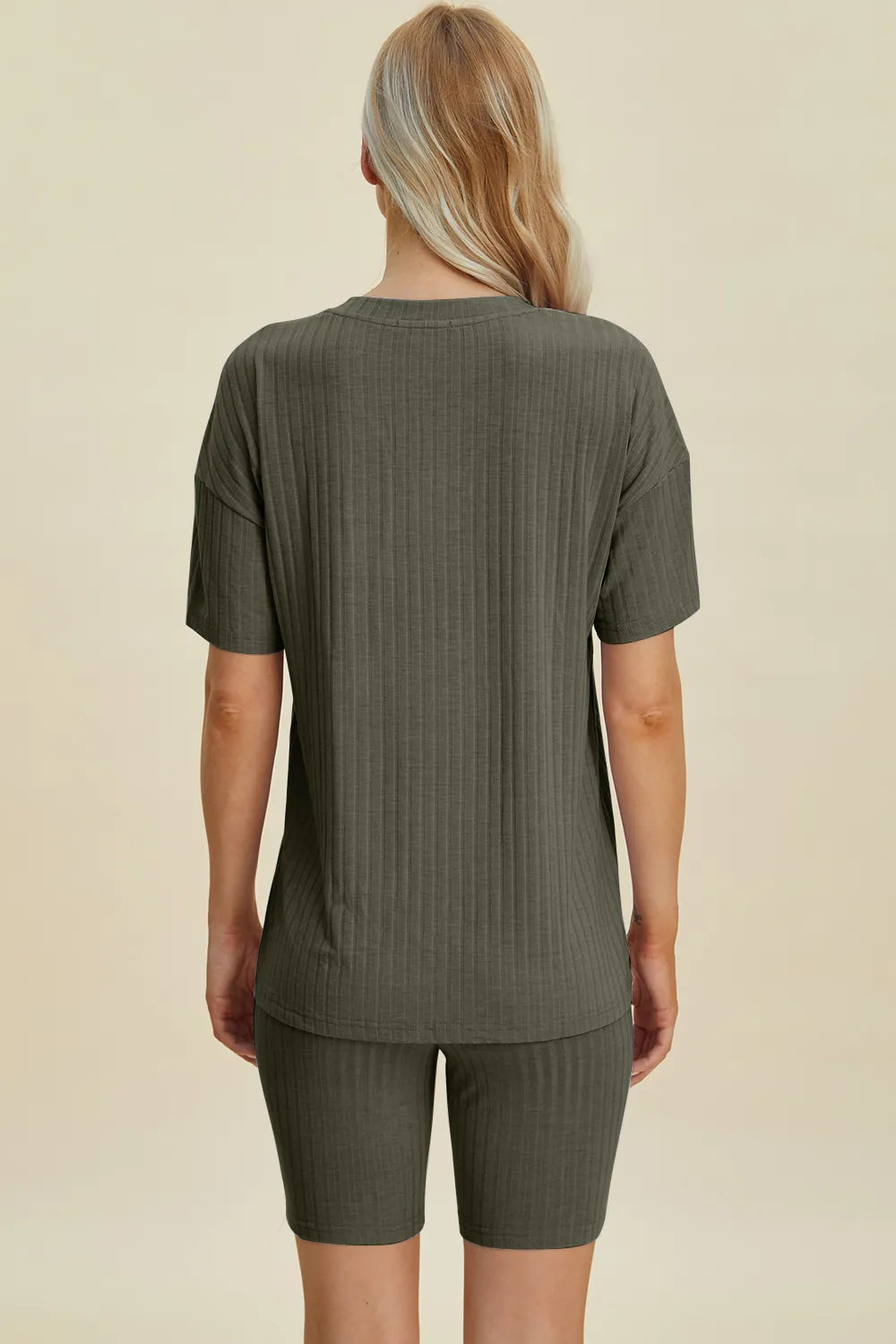 Moss green ribbed V-neck short-sleeve top and biker shorts set, back view