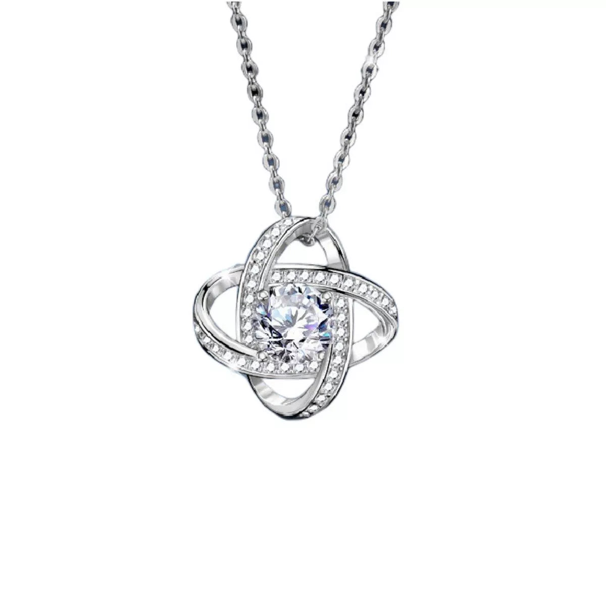 Silver pendant necklace featuring a round moissanite center stone with pavé border
