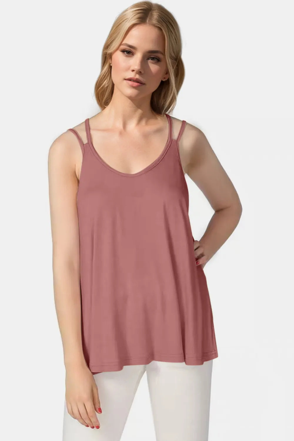 Bamboo scoop neck cami in dusty pink with double spaghetti straps—front view