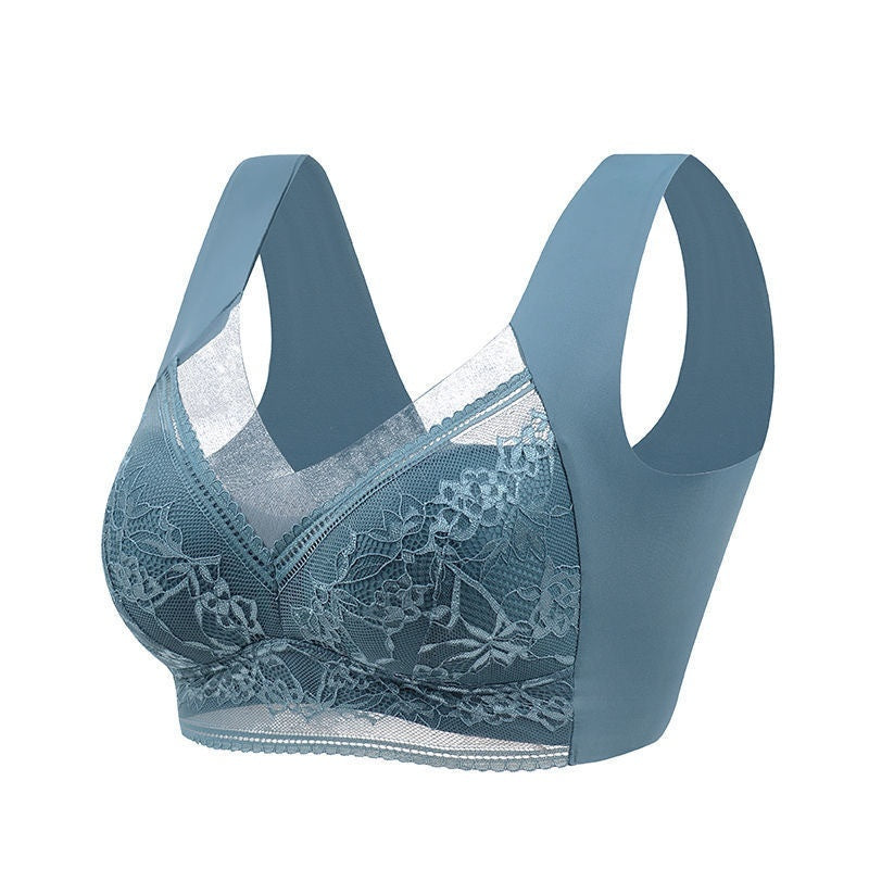 Lace wireless push-up bra in light blue with floral lace cups and scalloped trim