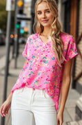 Pink Multi Animal-Print V-Neck Kurzarm-T-Shirt, Plus Size, seitlich drapiert