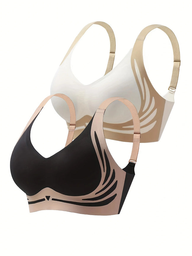 Cream and black sports bras with beige swirl print, racerback straps, V-cut neckline (2-pack)