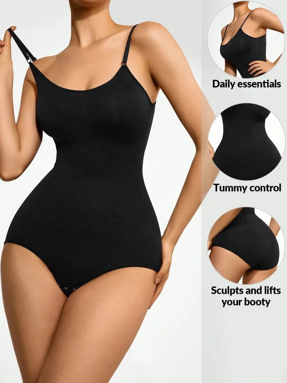 Basic Bae full-size scoop neck bodysuit, black with thin shoulder straps