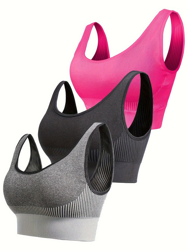 Seamless sports bra pack, pink and dark gray and heather gray with racerback straps