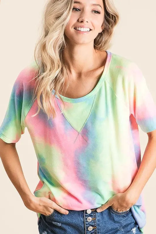 BiBi tie-dye French terry top, pastel multicolor short-sleeve crew neck