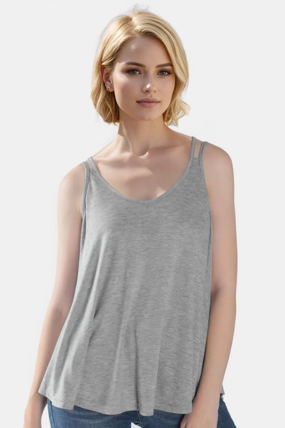 Bamboo scoop neck cami in gray with double spaghetti straps—front view