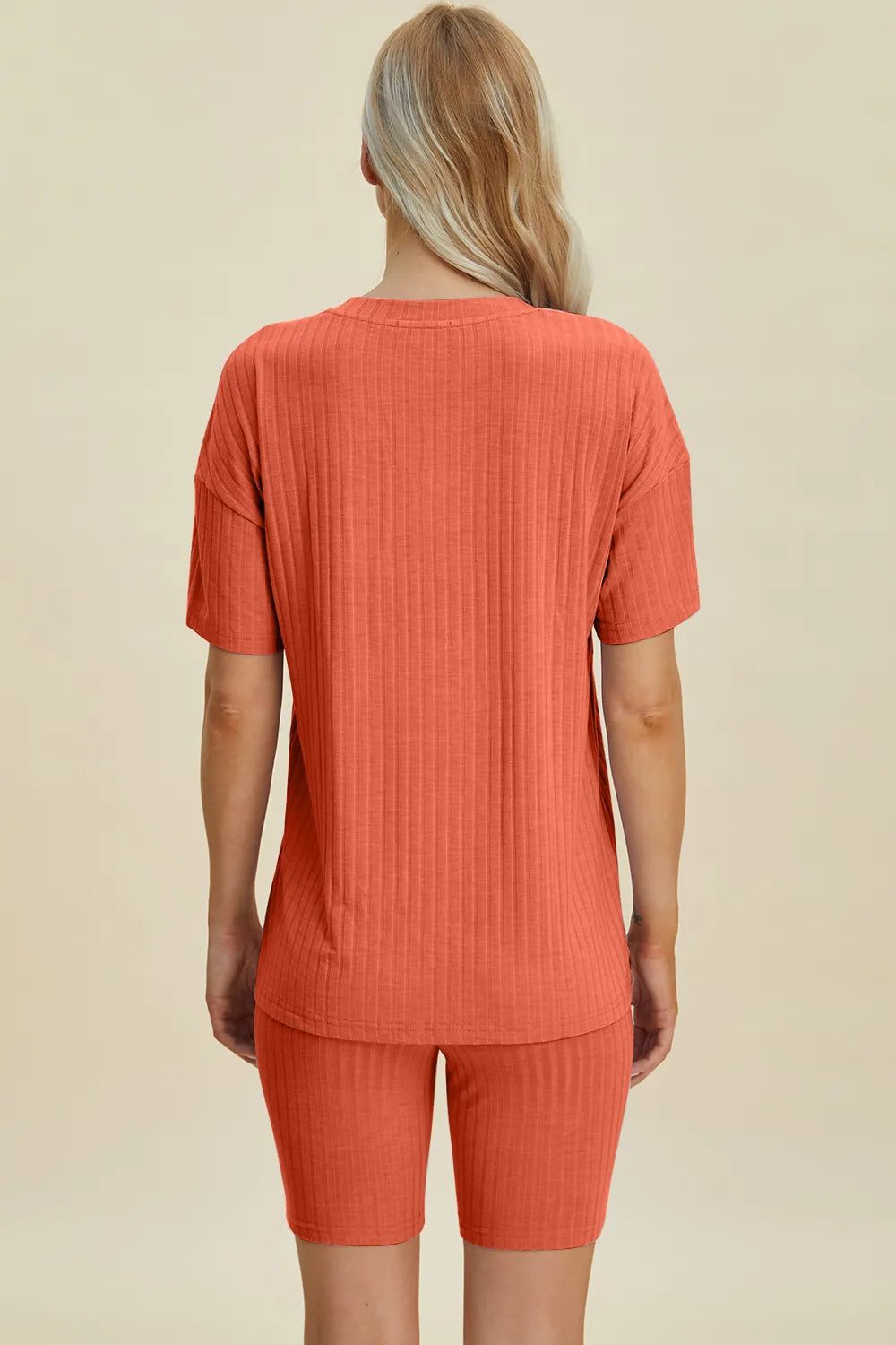 Ribbed v-neck short sleeve top and matching shorts set, orange, crew-length shorts
