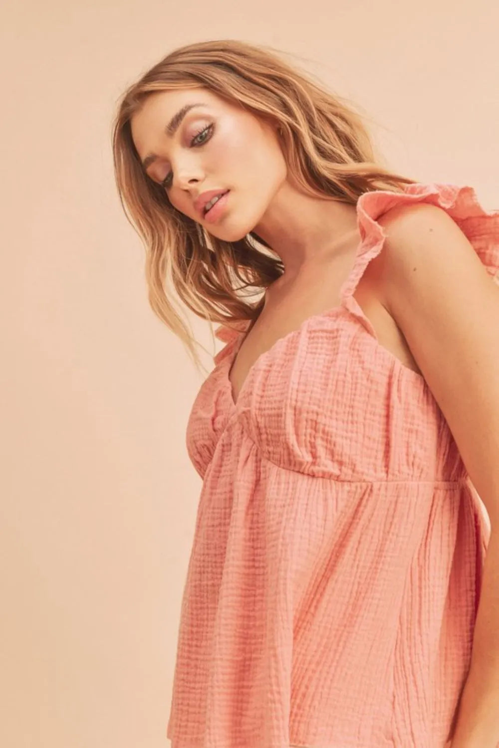 Watermelon pink sweetheart neckline ruffled strap top with textured woven finish