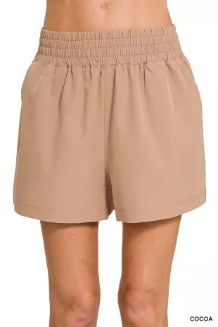 Cocoa woven lined shorts with elastic smocked waistband and front pleats