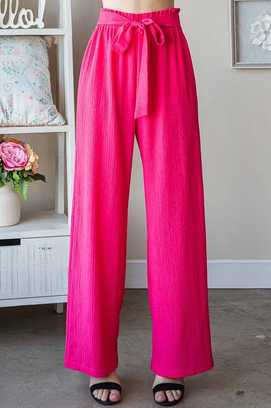 Watermelon high-waist paperbag pants with drawstring tie, wide-leg