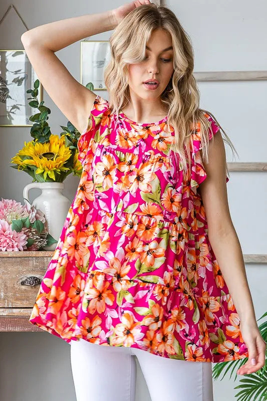 Fuchsia florales Volant-Tier-Top mit Rundhalsausschnitt und kurzen Schmetterlingsärmeln