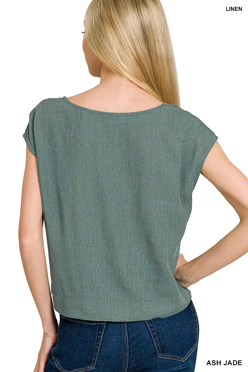 Zenana linen sleeveless top back view, Ash Jade, scooped back and side seams