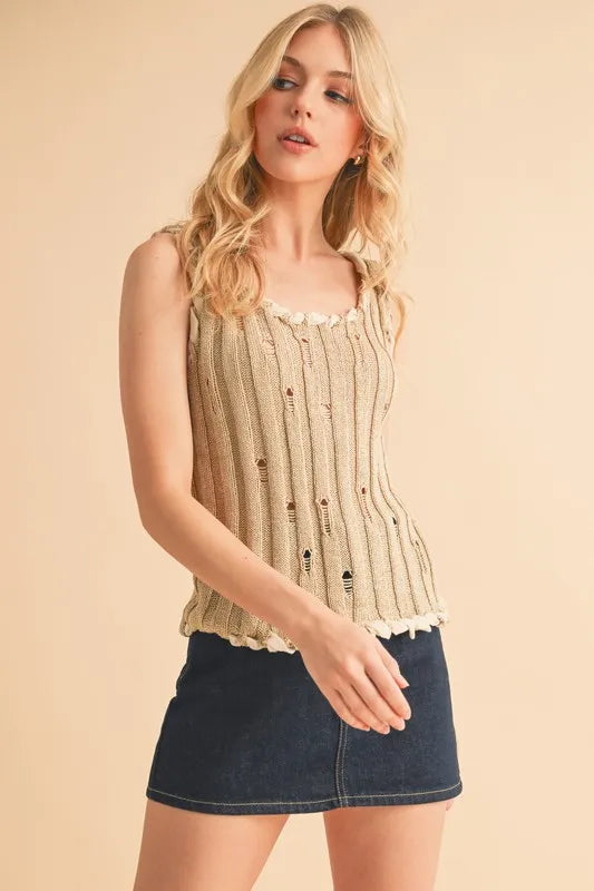 Khaki distressed knit tank, round neckline, ribbed stitch texture with distressed knit holes