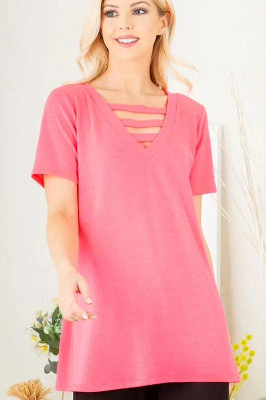 Neon pink V-neck T-shirt front view with bar-detail neckline straps
