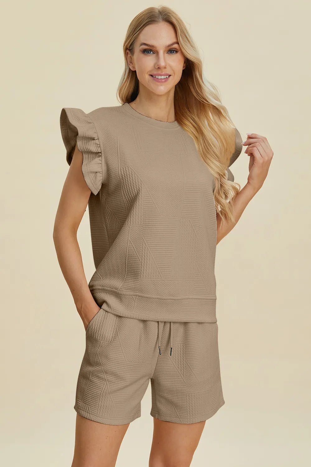 Khaki textured ruffle sleeve top with matching shorts and drawstring waist