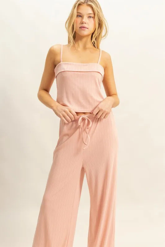 Peach rib-knit cami top and matching pants set, elastic waist with drawstring