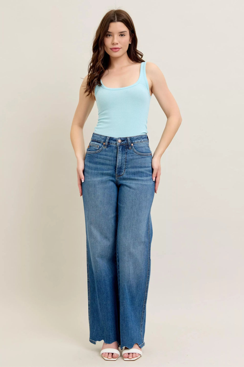 High-waist wide-leg jeans with destroyed hem, plus size tummy control fit